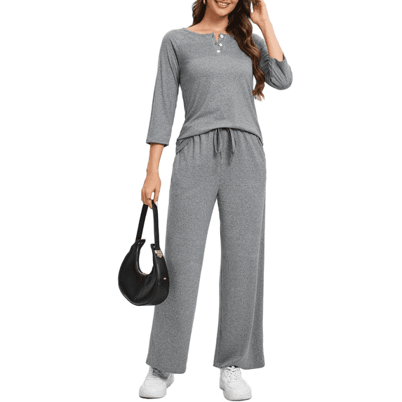 Cuteduck Women Casual 2 Piece outfit Set Long Sleeve Pajama Set Lounge Set Pullover V-Neck Wide-Leg Pants - Versatile Set For Both At-Home And Outdoor Use, Comfortable, Simple And Versatile S-2XL
