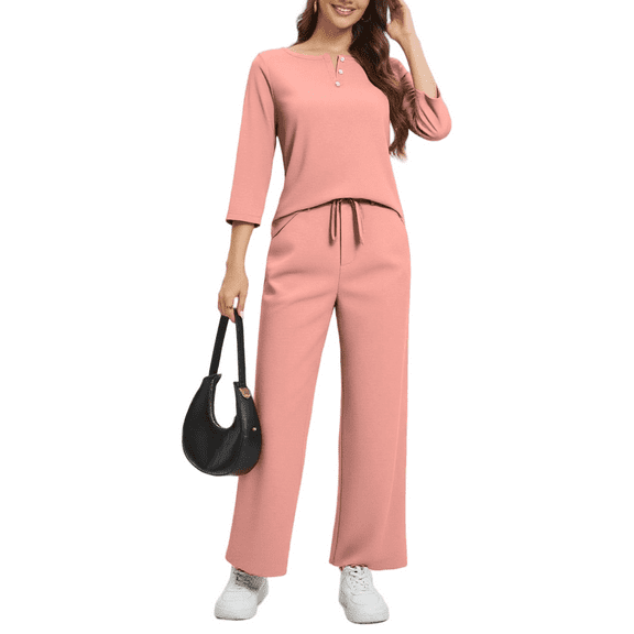 Cuteduck Women Casual 2 Piece outfit Set Long Sleeve Pajama Set Lounge Set Pullover V-Neck Wide-Leg Pants - Versatile Set For Both At-Home And Outdoor Use, Comfortable, Simple And Versatile S-2XL