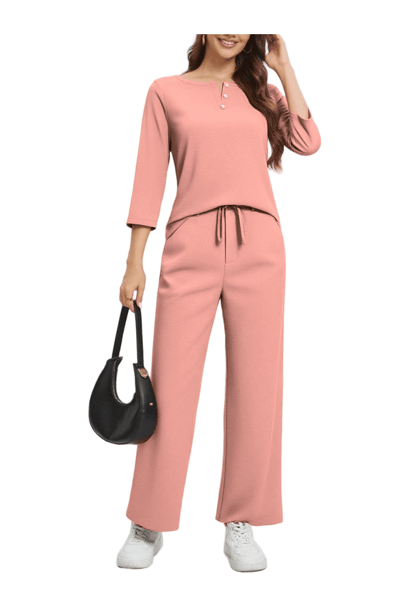 Women Casual 2 Piece outfit Set Long Sleeve Pajama Set Lounge Set Pullover V-Neck Wide-Leg Pants - Versatile Set For Both At-Home And Outdoor Use, Comfortable, Simple And Versatile S-2XL