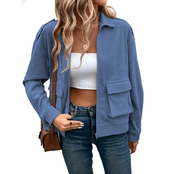 Cuteduck Women Corduroy Fall Fashion Jacket Zip Up Waffle Knit Casual Shacket Long Sleeve Lapel Coat with Pocket S-XL