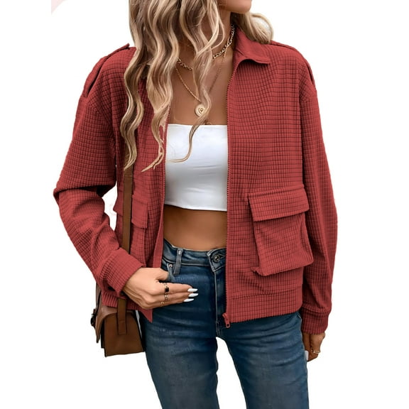 Cuteduck Women Corduroy Fall Fashion Jacket Zip Up Waffle Knit Casual Shacket Long Sleeve Lapel Coat with Pocket S-XL