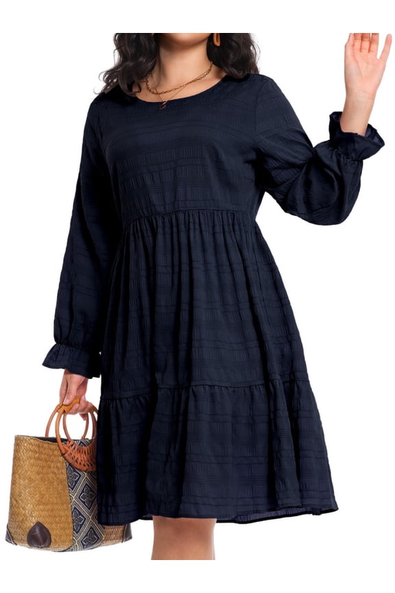 Women Plus Size Fall Casual Long Sleeve Dress Round Neck Tiered Knitted Flared Sleeve Midi Ruffle Dress 1X-5X