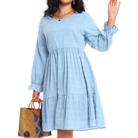 Cuteduck Women Plus Size Fall Casual Long Sleeve Dress Round Neck Tiered Knitted Flared Sleeve Midi Ruffle Dress 1X-5X