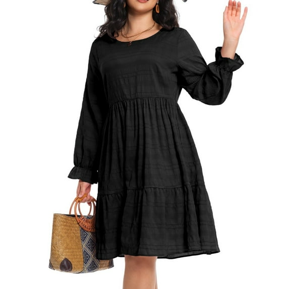 Cuteduck Women Plus Size Fall Casual Long Sleeve Dress Round Neck Tiered Knitted Flared Sleeve Midi Ruffle Dress 1X-5X