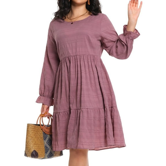 Cuteduck Women Plus Size Fall Casual Long Sleeve Dress Round Neck Tiered Knitted Flared Sleeve Midi Ruffle Dress 1X-5X