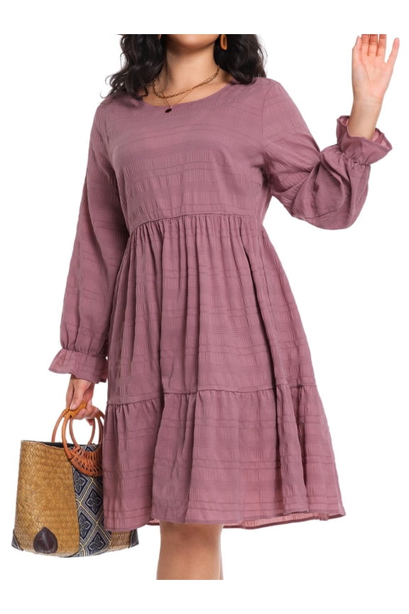 Women Plus Size Fall Casual Long Sleeve Dress Round Neck Tiered Knitted Flared Sleeve Midi Ruffle Dress 1X-5X