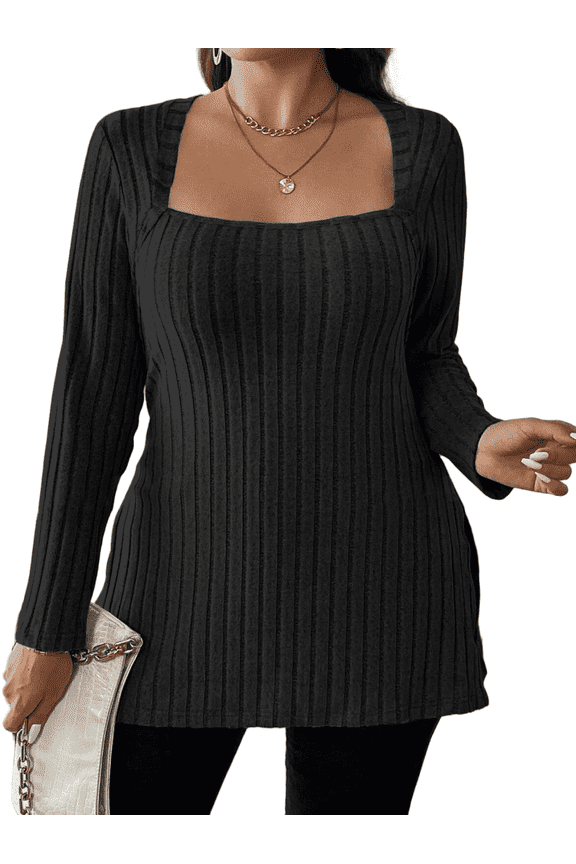 Women Plus Size Casual Ribbed Knit Blouse Fall Long Sleeve Sweater Square Neck Solid Top 1X-4X