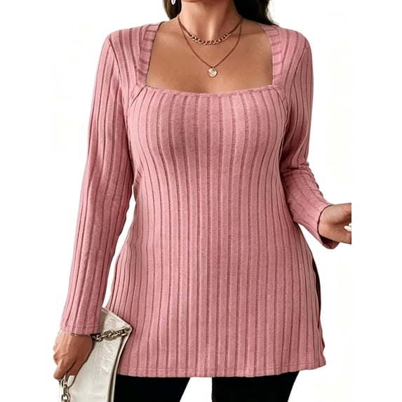 Cuteduck Women Plus Size Casual Ribbed Knit Blouse Fall Long Sleeve Sweater Square Neck Solid Top 1X-4X