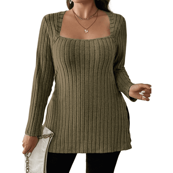Cuteduck Women Plus Size Casual Ribbed Knit Blouse Fall Long Sleeve Sweater Square Neck Solid Top 1X-4X