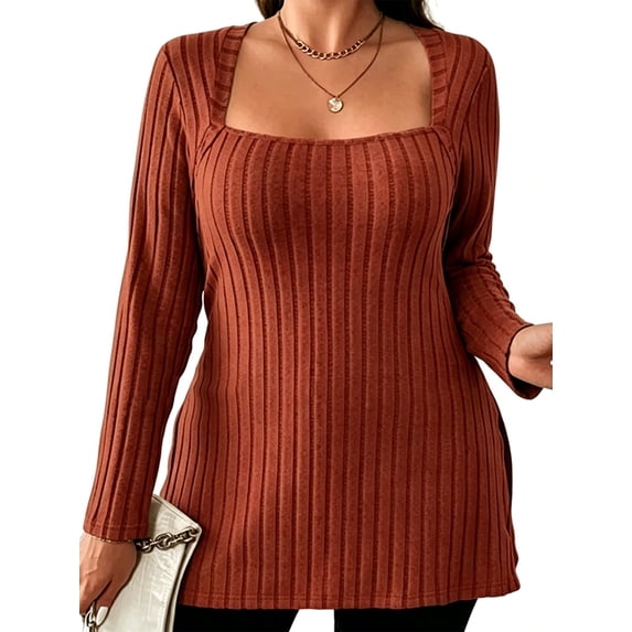 Cuteduck Women Plus Size Casual Ribbed Knit Blouse Fall Long Sleeve Sweater Square Neck Solid Top 1X-4X