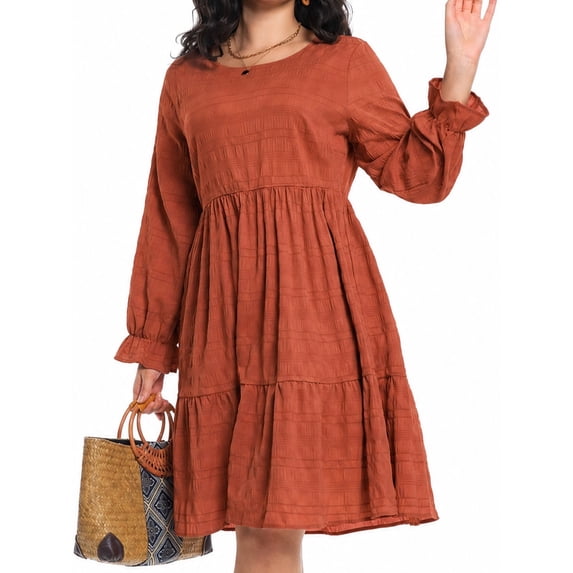Cuteduck Women Plus Size Fall Casual Long Sleeve Dress Round Neck Tiered Knitted Flared Sleeve Midi Ruffle Dress 1X-5X