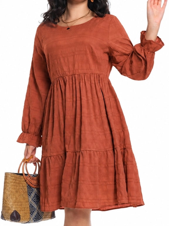 Women Plus Size Fall Casual Long Sleeve Dress Round Neck Tiered Knitted Flared Sleeve Midi Ruffle Dress 1X-5X
