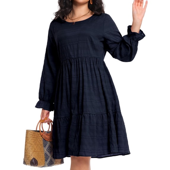 Cuteduck Women Plus Size Fall Casual Long Sleeve Dress Round Neck Tiered Knitted Flared Sleeve Midi Ruffle Dress 1X-5X