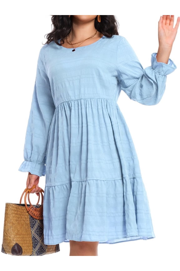 Women Plus Size Fall Casual Long Sleeve Dress Round Neck Tiered Knitted Flared Sleeve Midi Ruffle Dress 1X-5X