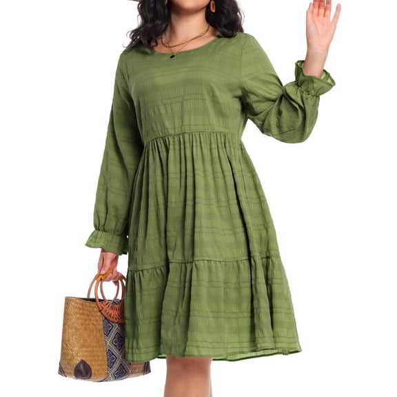Cuteduck Women Plus Size Fall Casual Long Sleeve Dress Round Neck Tiered Knitted Flared Sleeve Midi Ruffle Dress 1X-5X