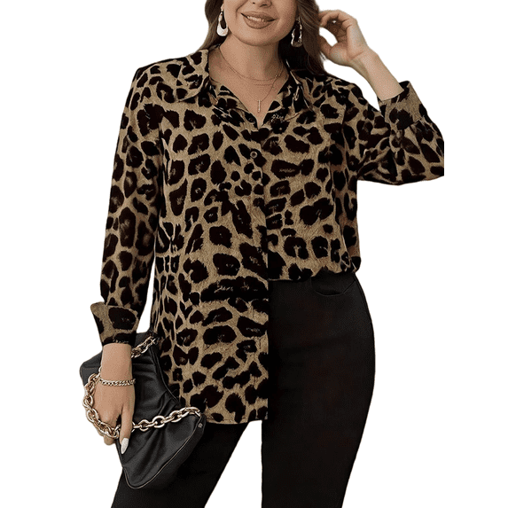 Cuteduck Women’s Plus Size Printed Button Down Shirt Long Sleeve Turn Collar Blouse 1X-5X