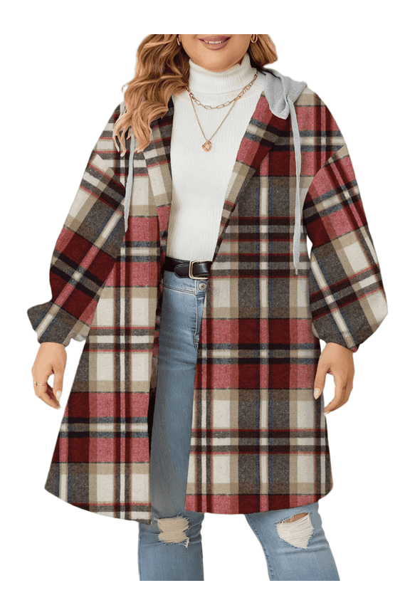 Women Plus Size Plaid Hooded Button Up Shirt Fall Shacket Long Sleeve Lightweight Fashion Coat 1X-4X