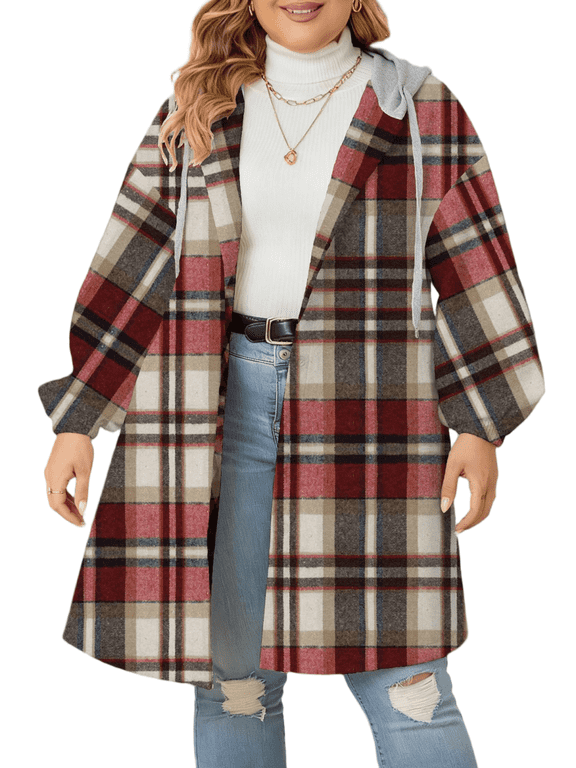 Women's Plus Size Plaid Hooded Shacket - Long Sleeve Button Up Flannel Shirt Jacket Coat 1X-4X