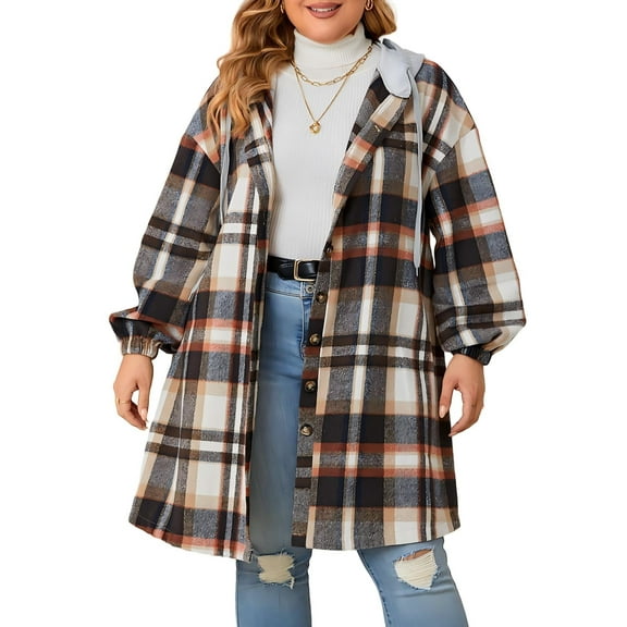 Cuteduck Women Plus Size Plaid Hooded Button Up Shirt Fall Shacket Long Sleeve Lightweight Fashion Coat 1X-4X