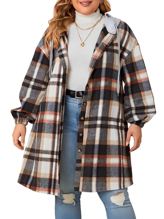 Women's Plus Size Plaid Hooded Shacket - Long Sleeve Button Up Flannel Shirt Jacket Coat 1X-4X