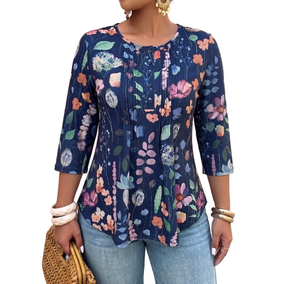 Cuteduck Women Plus Size Printed Tunic 3/4 Sleeve Fall Pleated Round-neck Casual Loose Ruffled Top 1X-5X