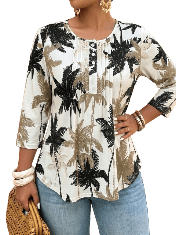 Women Plus Size Printed Tunic 3/4 Sleeve Fall Pleated Round-neck Casual Loose Ruffled Top 1X-5X