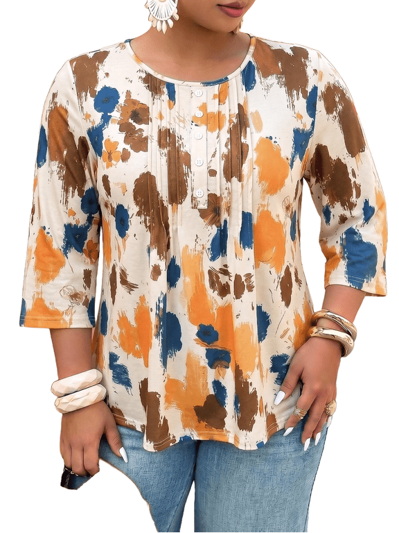 Women Plus Size Printed Tunic 3/4 Sleeve Fall Pleated Round-neck Casual Loose Ruffled Top 1X-5X