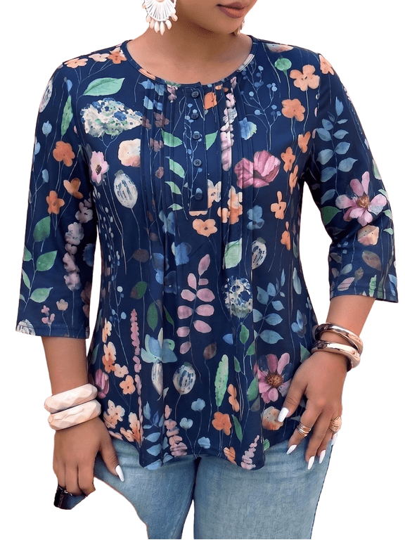 Women Plus Size Printed Tunic 3/4 Sleeve Fall Pleated Round-neck Casual Loose Ruffled Top 1X-5X