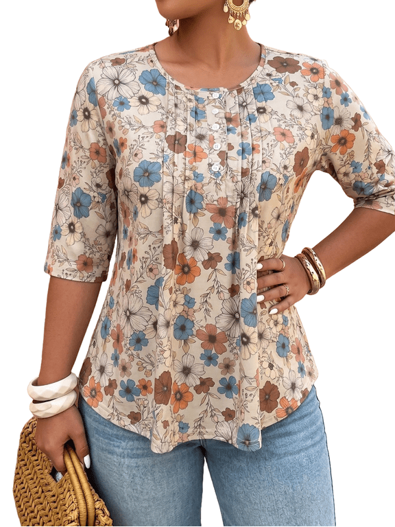 Women Plus Size Printed Tunic 3/4 Sleeve Fall Pleated Round-neck Casual Loose Ruffled Top 1X-5X