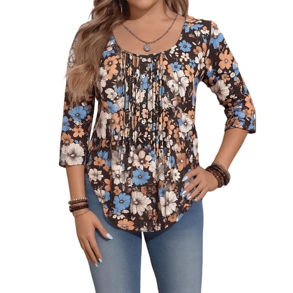 Cuteduck Women Plus Size Printed Tunic 3/4 Sleeve Fall Pleated Round-neck Casual Loose Ruffled Top 1X-5X