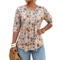 thumbnail image 1 of Cuteduck Women Plus Size Printed Tunic 3/4 Sleeve Fall Pleated Round-neck Casual Loose Ruffled Top 1X-5X, 1 of 9