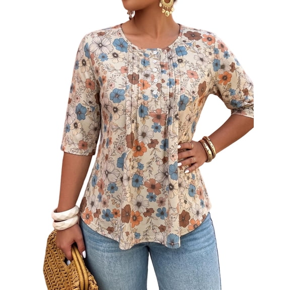 Cuteduck Women Plus Size Printed Tunic 3/4 Sleeve Fall Pleated Round-neck Casual Loose Ruffled Top 1X-4X
