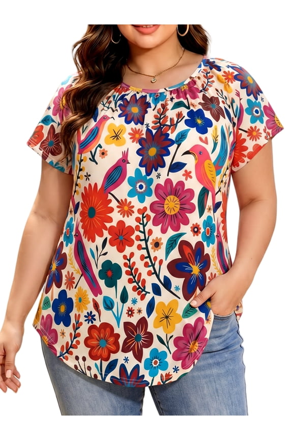 Women Plus Size Tops Short Sleeve Shirts Casual Floral Print Chiffon Blouses Loose Flowy Crewneck Pleated Top(1X-5X)