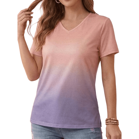 Cuteduck Women Tops Casual Short Sleeve V-Neck T-Shirt Summer Color Blending Loose Fit Comfort T-Shirt M-XL