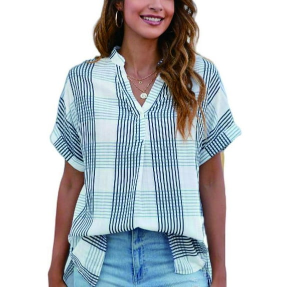 Musefolio Women V Neck Short Sleeve Shirts Plaid Loose Flowy Blouse S-XXL