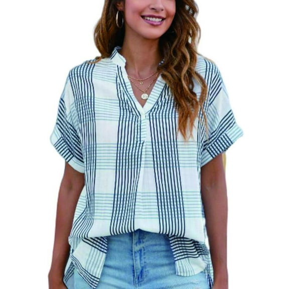 Musefolio Women V Neck Short Sleeve Shirts Plaid Loose Flowy Blouse S-XXL