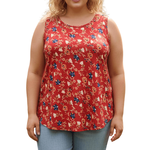 Cuteduck Women Tank Tops Plus Size Summer Floral Print Sleeveless Blouse Crew Neck Casual Basic Loose Fit Tank Tops Beach Vacation 1X-5X