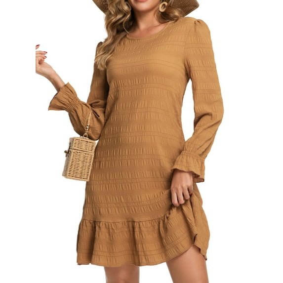 Cuteduck Women's Fall Casual Long Sleeve Dress Ribbed Round Neck Loose Boho Midi Ruffle Dress S-2XL