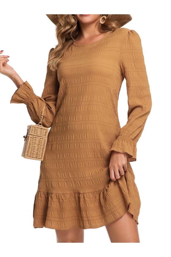 Women's Fall Casual Long Sleeve Dress Ribbed Round Neck Loose Boho Midi Ruffle Dress S-2XL