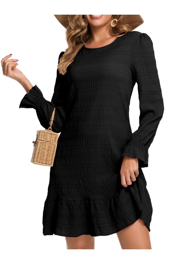 Women's Fall Casual Long Sleeve Dress Ribbed Round Neck Loose Boho Midi Ruffle Dress S-2XL