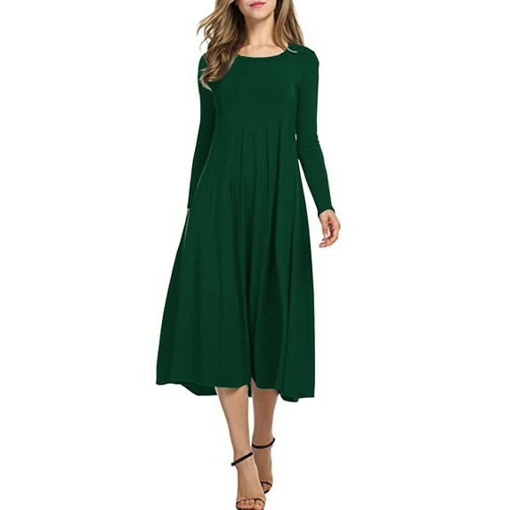Cuteduck Women's Casual Long Sleeve Pleated T-shirt Dresses Crewneck Empire Waist Loose A-Line Flare Midi Dress S-2XL