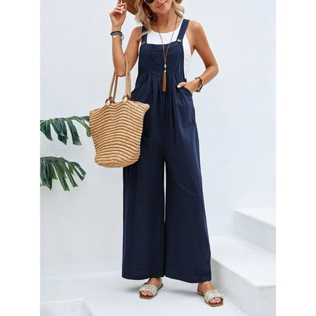 Cuteduck Women's Casual Loose Overalls Jumpsuits One Piece Sleeveless Wide Leg Long Pant Rompers With Pockets S-2XL