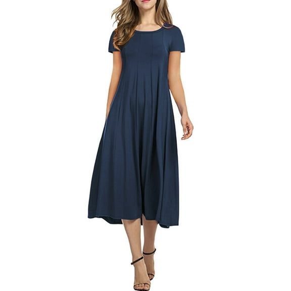 Cuteduck Women's Casual Short Sleeve Pleated T-shirt Dresses Crewneck Empire Waist Loose A-Line Flare Midi Dress S-2XL