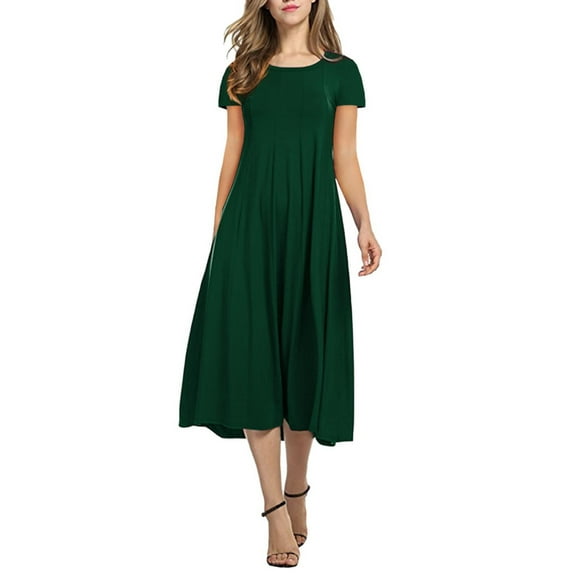Cuteduck Women's Casual Short Sleeve Pleated T-shirt Dresses Crewneck Empire Waist Loose A-Line Flare Midi Dress S-2XL