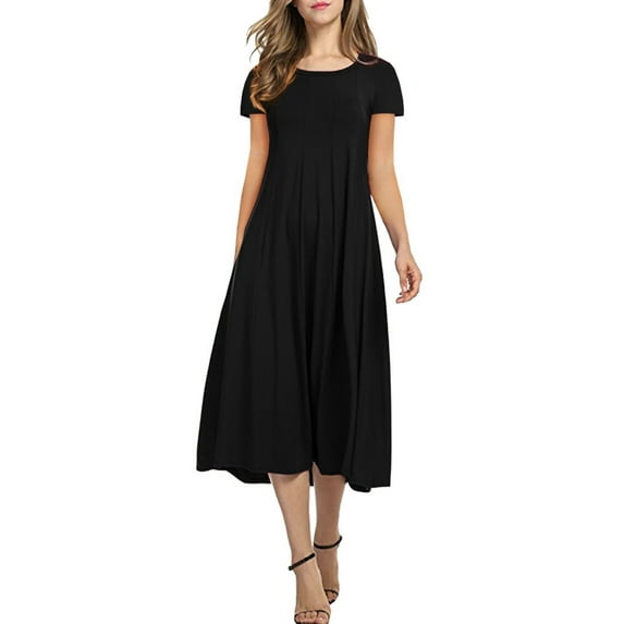 Cuteduck Women's Casual Short Sleeve Pleated T-shirt Dresses Crewneck Empire Waist Loose A-Line Flare Midi Dress S-2XL