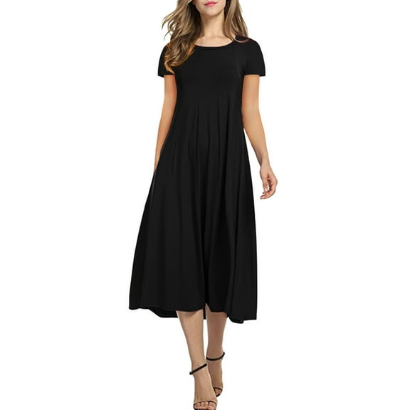 Cuteduck Women's Casual Short Sleeve Pleated T-shirt Dresses Crewneck Empire Waist Loose A-Line Flare Midi Dress S-2XL