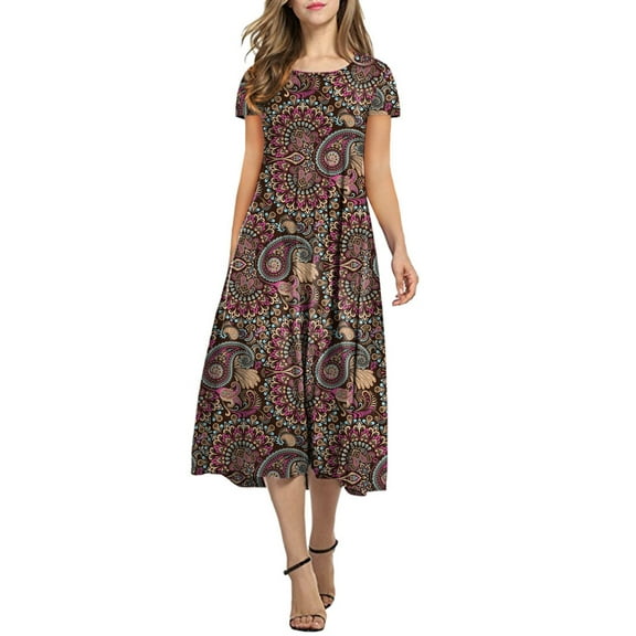 Cuteduck Women's Casual Short Sleeve Pleated T-shirt Dresses Crewneck Empire Waist Loose A-Line Flare Midi Dress S-2XL