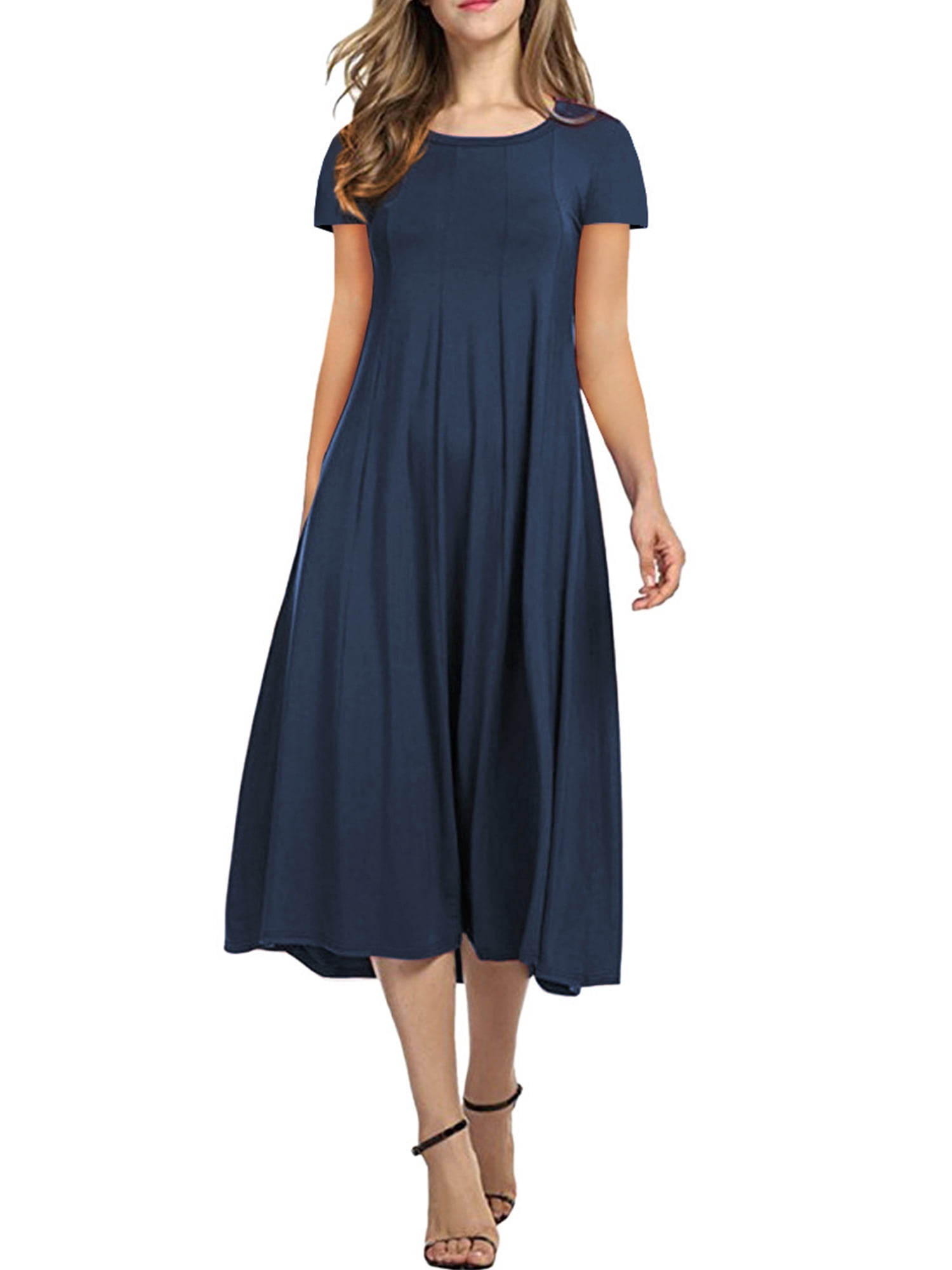 Cuteduck Women's Casual Short Sleeve Pleated T-shirt Dresses Crewneck Empire Waist Loose A-Line Flare Midi Dress S-2XL