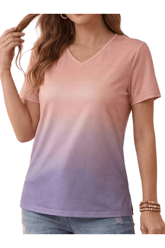 Women Plus Size Tops Casual Short Sleeve V-Neck T-Shirt Summer Color Blending Loose Fit Comfort T-Shirt M-3XL