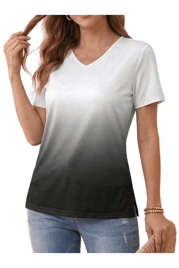 Women Tops Casual Short Sleeve V-Neck T-Shirt Summer Color Blending Loose Fit Comfort T-Shirt M-3XL